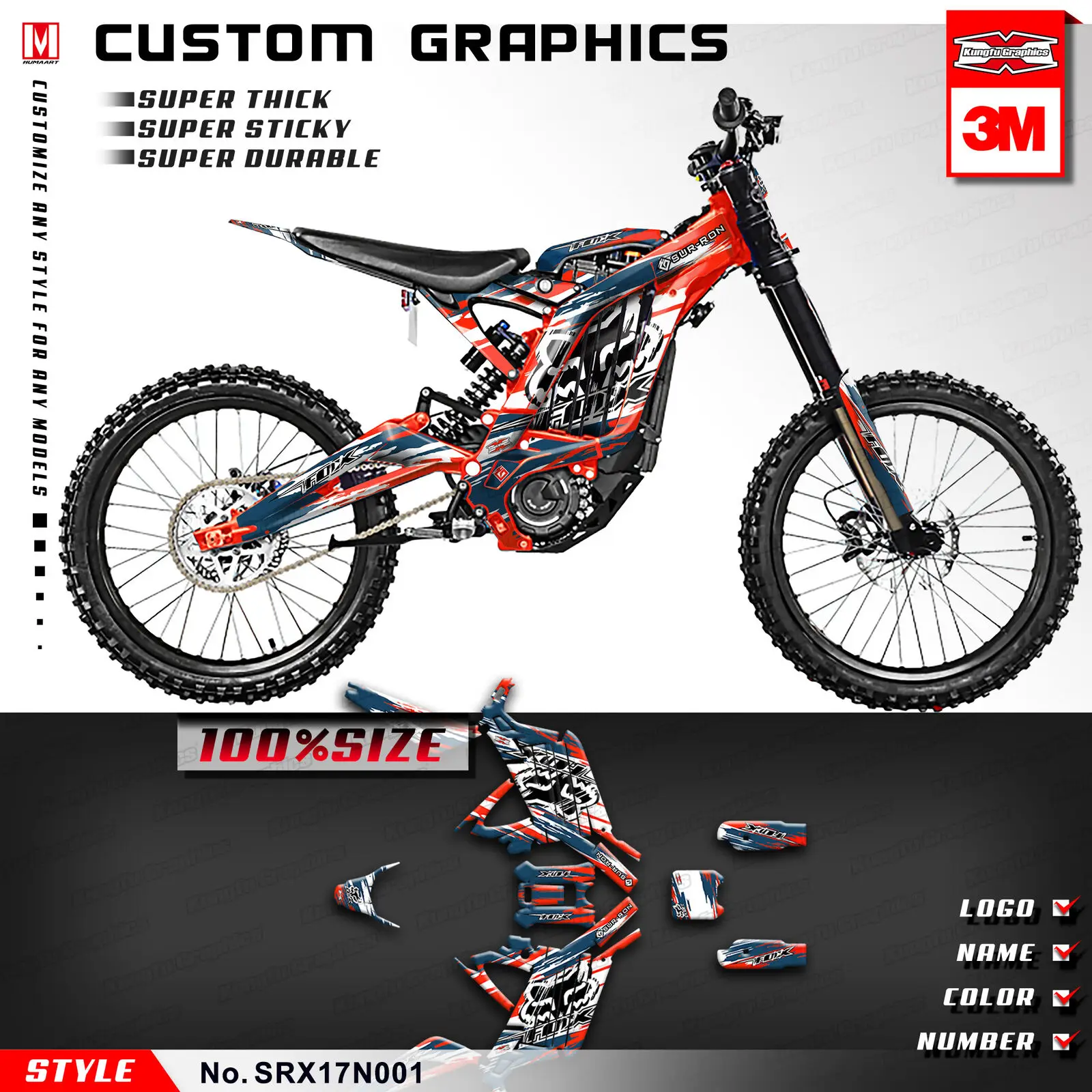 KUNGFU GRAPHICS MX Racing Sticker Dirt Bike Decal Kit for Sur-Ron Light Bee X Electric Off-road Motorcycle (Style no. SRX17N001)
KUNGFU GRAPHICS MX Racing Sticker Dirt Bike Decal Kit for Sur-Ron Light Bee X Electric Off-road Motorcycle (Style no. SRX17N001)