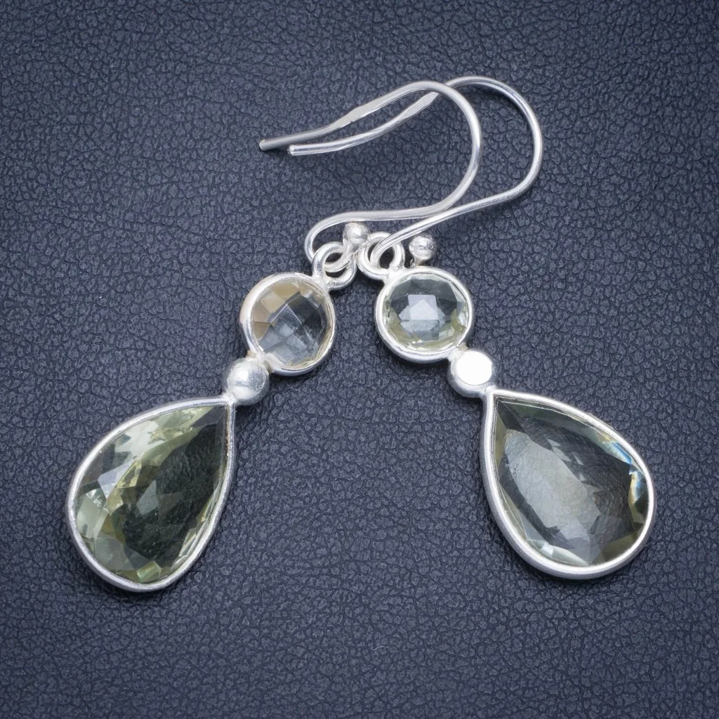 

Natural Green Amethyst Handmade Unique 925 Sterling Silver Earrings 1.75" A0853