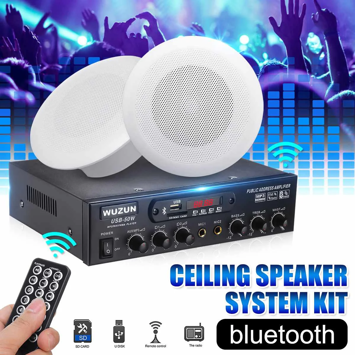 50W Stereo Amplifier Ceiling Speaker System Kit 12V/220V bluetooth Car Audio Amplifier Cafe Home Theater Amplifier FM Radio RC
50W Stereo Amplifier Ceiling Speaker System Kit 12V/220V bluetooth Car Audio Amplifier Cafe Home Theater Amplifier FM Radio RC