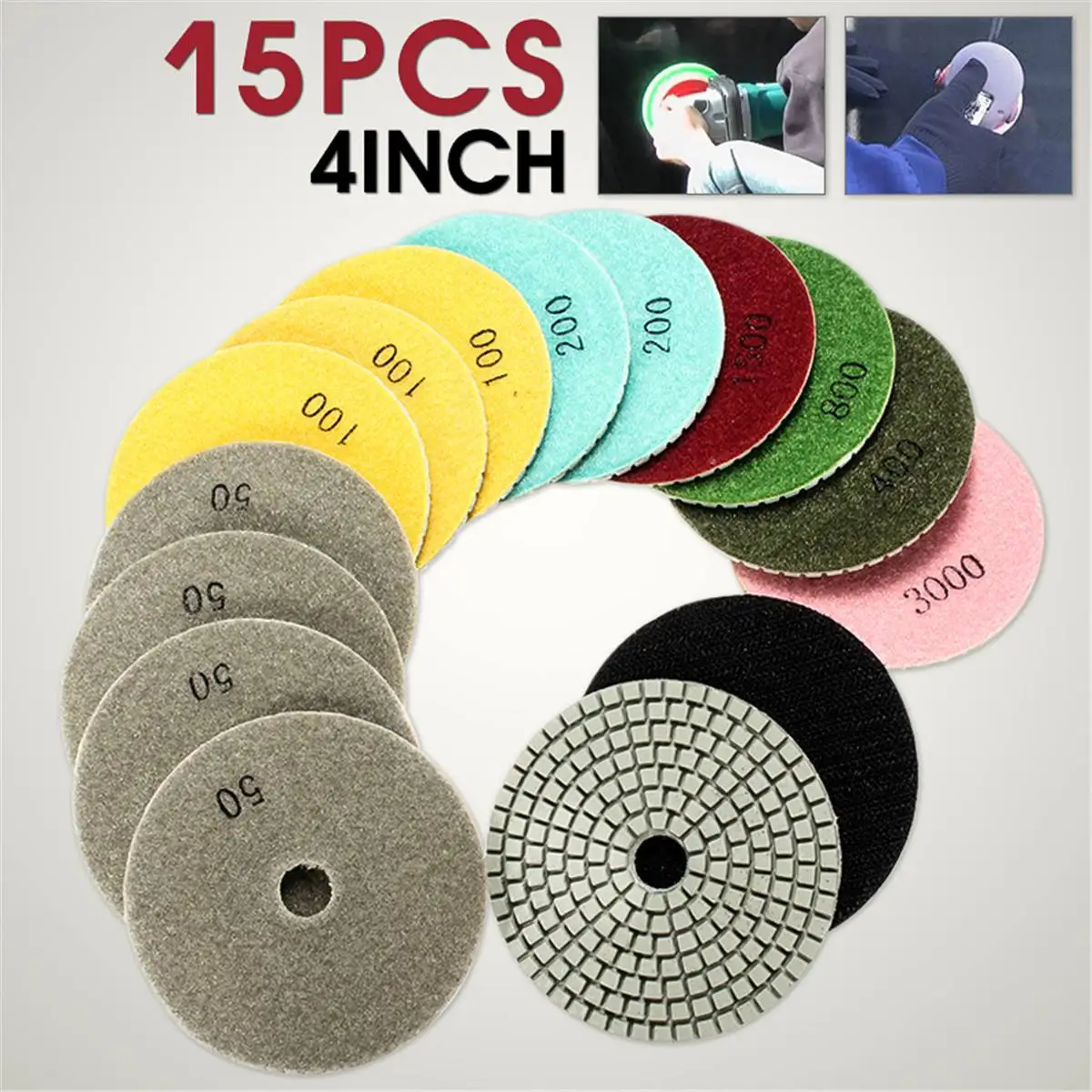 15pcs 4 Inch Polishing Pads Set 50-6000 Grit Wet Dry Diamond Polishing Pads with Self-Adhesive Disc
15pcs 4 Inch Polishing Pads Set 50-6000 Grit Wet Dry Diamond Polishing Pads with Self-Adhesive Disc