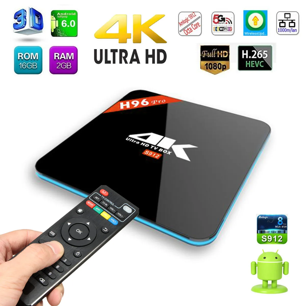 H96 PRO 2G+16G Amlogic S912 Octa Core Android 6.0 Wifi Player 4K TV Box Set-top US / UK Plug Infra Remote control LED Indicator
H96 PRO 2G+16G Amlogic S912 Octa Core Android 6.0 Wifi Player 4K TV Box Set-top US / UK Plug Infra Remote control LED Indicator