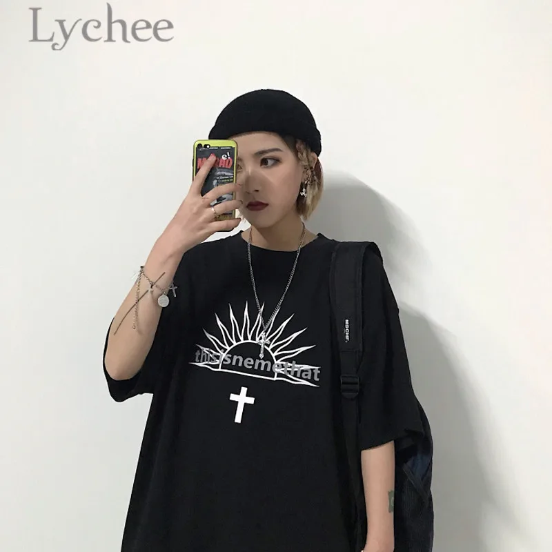 Lychee Harajuku Sun Cross Letter Print Women T-shirt Summer Short Sleeve Loose Female T Shirt Causal Loose Tee Tops
Lychee Harajuku Sun Cross Letter Print Women T-shirt Summer Short Sleeve Loose Female T Shirt Causal Loose Tee Tops