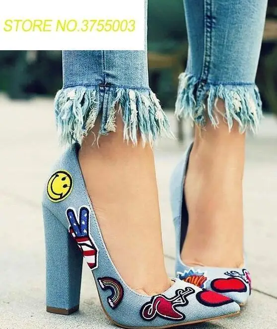 Fashion Blue Denim Women Pointy Toe Pumps Cute Appliques Ladies Slip On Chunky Heel Dress Shoes Sexy Party Shoes Size 42
Fashion Blue Denim Women Pointy Toe Pumps Cute Appliques Ladies Slip On Chunky Heel Dress Shoes Sexy Party Shoes Size 42