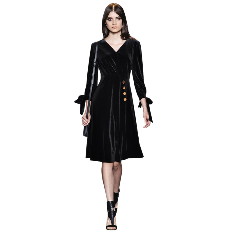 women's clothing gold buttons velvet ladies black dress v neck knotted bow cuffs 3/4 sleeve knee length a line women's dresses
women's clothing gold buttons velvet ladies black dress v neck knotted bow cuffs 3/4 sleeve knee length a line women's dresses