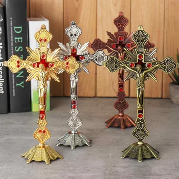 

Church Relics Figurines Crucifix Jesus Christ On The Stand Wall Cross Antique Religious Altar Home Chapel Decoration 4 Colors