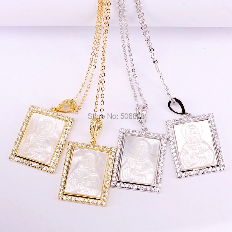 

6PCS ZYZ-N2781 Rectangle Shell Pendant with Religious Jesus Virgin Pattern CZ Micro Gold /Silver color Pendant Jewelry Necklace