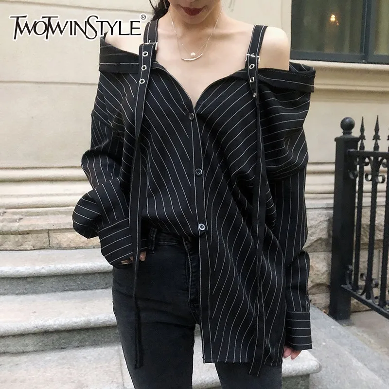 TWOTWINSTYLE Off Shoulder Striped Strap Shirt Blouse Long Sleeve Bandage Korean Fashion Tops Female 2019 Spring Autumn New
TWOTWINSTYLE Off Shoulder Striped Strap Shirt Blouse Long Sleeve Bandage Korean Fashion Tops Female 2019 Spring Autumn New