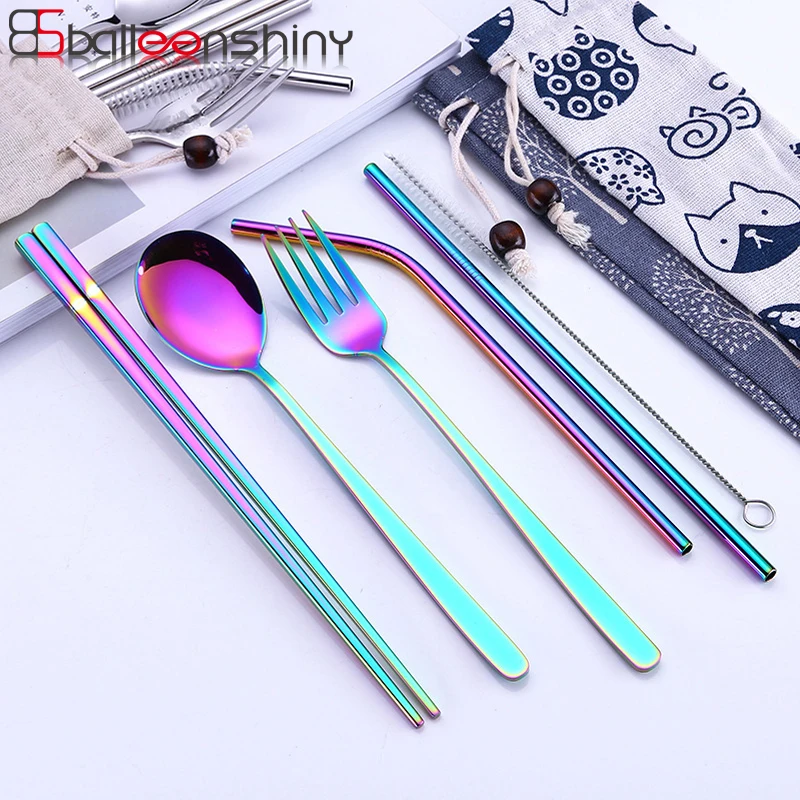 

BalleenShiny Stainless Steel Tableware Set Portable Chopsticks Spoon Straws Dinnerware Set Outdoor Office Picnic BBQ Cutlery Bag