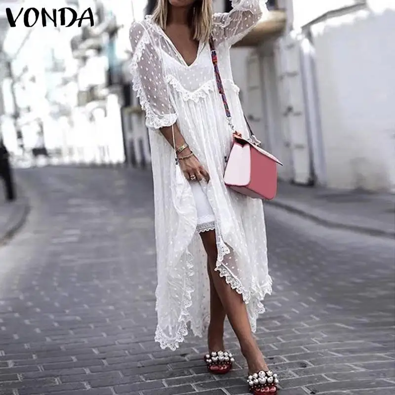 

VONDA Bohemian Lace Dress 2019 Summer Women Sexy V-Neck Polka Dot Hollow Asymmetrical Hem Dresses Plus Size Vestidos