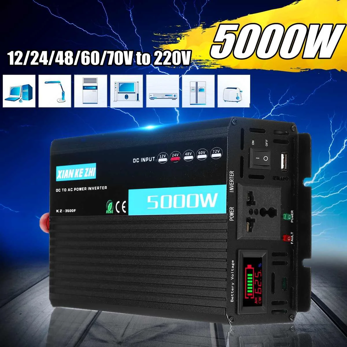 Peaks 5000W Modified Sine Wave Power Inverter 12/24/48/60V TO 220V Voltage Convertor Transformer LED
Peaks 5000W Modified Sine Wave Power Inverter 12/24/48/60V TO 220V Voltage Convertor Transformer LED