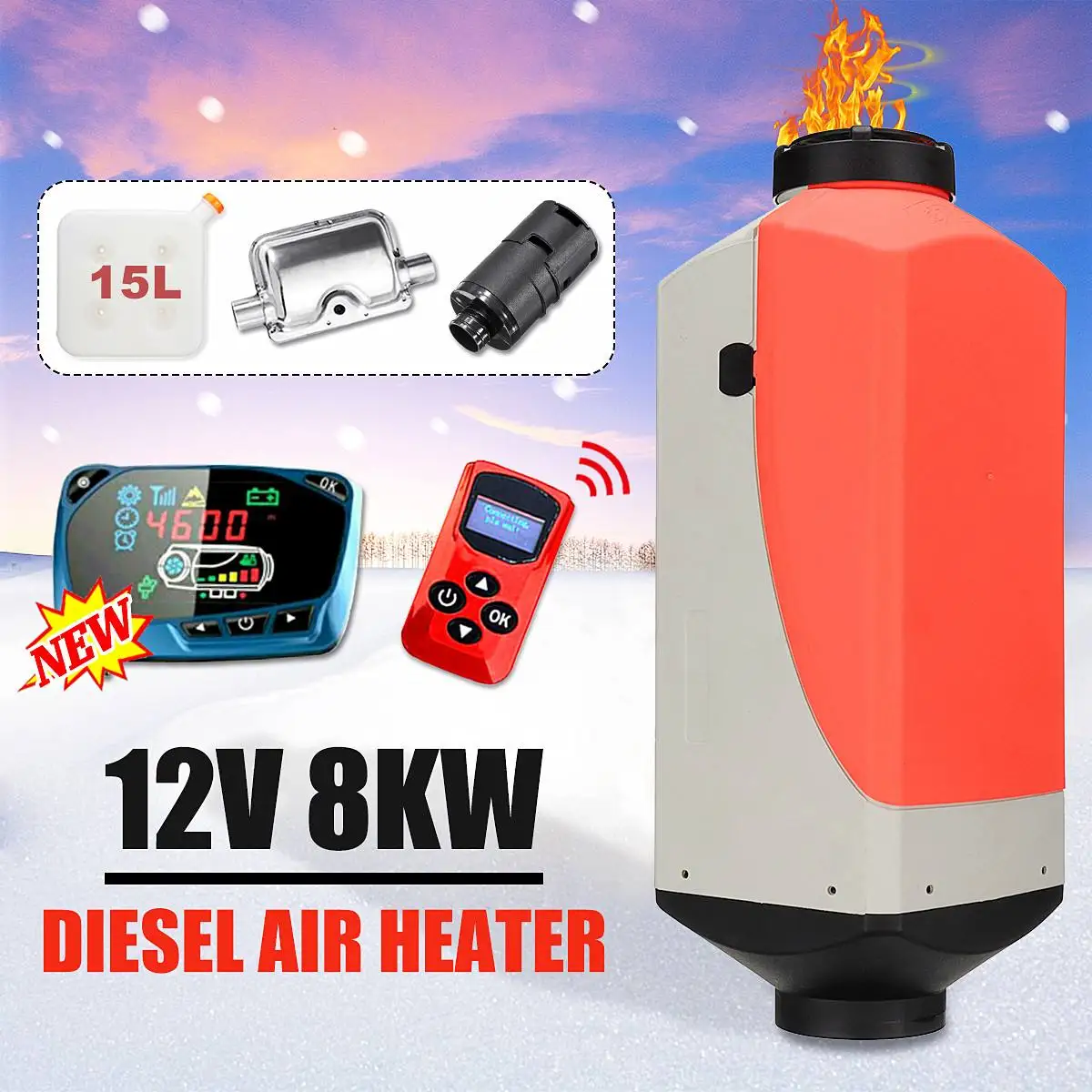 12V 8000W Car Parking Diese l Air Heater Kit with Muffler 15L Tank Diese l Heater LCD Dynamic Thermostat Remote Control