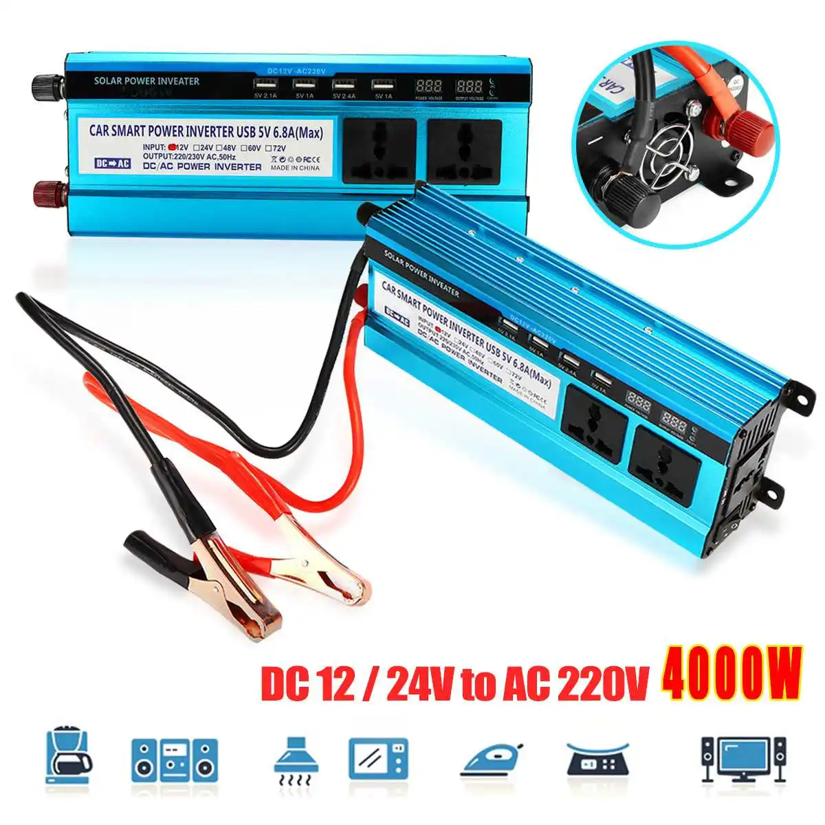 USB Converter Dual Screens Lower Noise P eak 4000W Car LCD Solar Power Inverter DC 12/ 24V to AC 220V Modified Sine Wave
USB Converter Dual Screens Lower Noise P eak 4000W Car LCD Solar Power Inverter DC 12/ 24V to AC 220V Modified Sine Wave