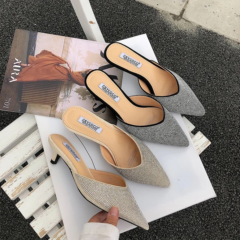 Women Crystal Mules Kitten Heels Rhinestone Pointed Toe Soft Leather Slip Ons Slides Lady Summer Slippers
Women Crystal Mules Kitten Heels Rhinestone Pointed Toe Soft Leather Slip Ons Slides Lady Summer Slippers
