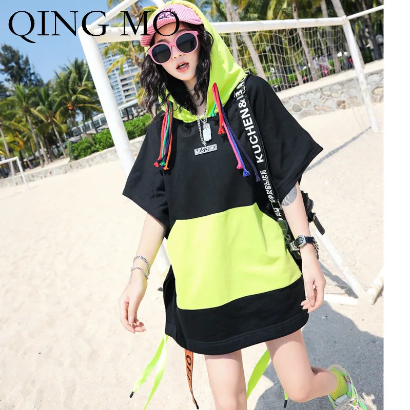 QING MO Women Batwing Sleeve Patchwork T Shirt Short Hooded Colorful Tassel Vogue ZQY453 | Женская одежда
