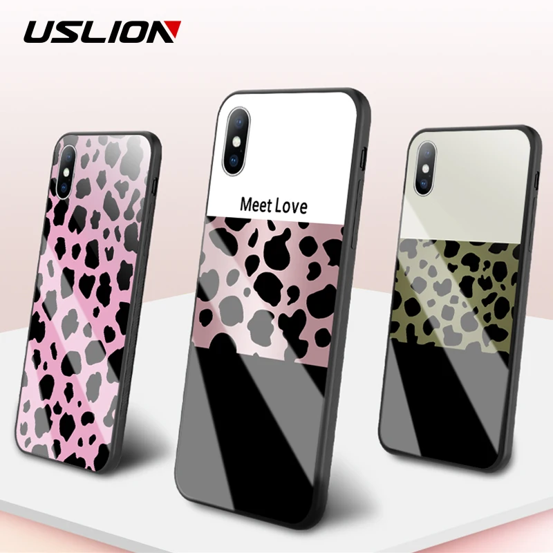 USLION Luxury Leopard Print Phone Case For iPhone 6 7 8 Plus X XR XS Max Tempered Glass Silicone Coque |