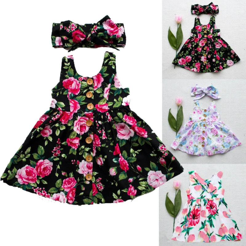 Платье для девочек без рукавов с цветочным принтом на пуговицах | Детская одежда