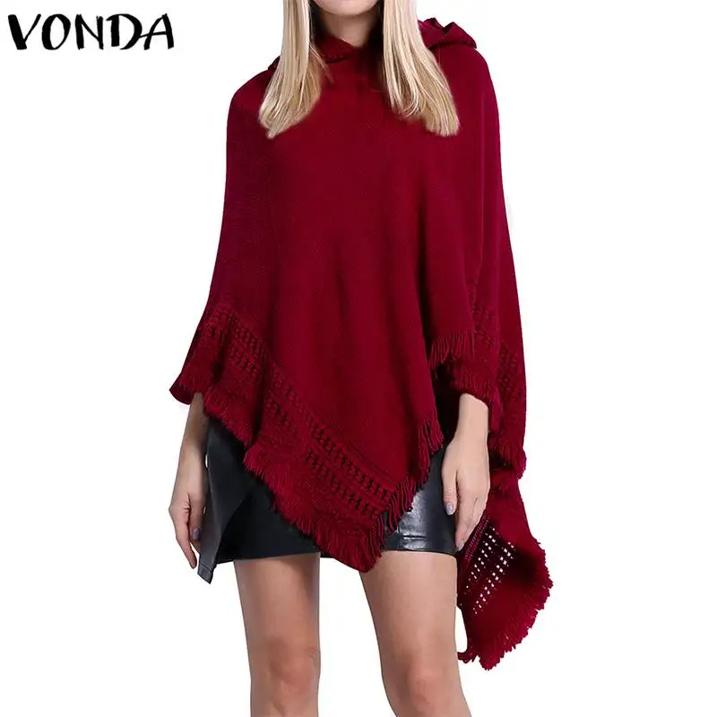 VONDA Women Sweaters 2018 Autumn Casual Pregnant Hooded Outwear Blusas Tops Asymmetric Hem Cape Shawl Tassel Maternity Knitwear | Мать и