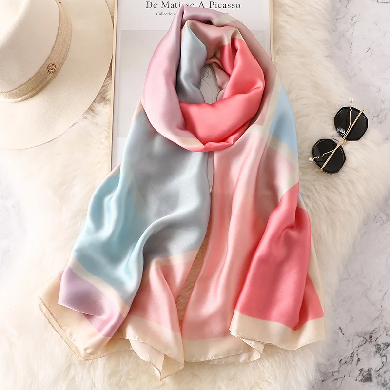 

Plaid Silk Scarf Women Luxury Brand Designer Tartan Pure Silk Shawls Long Bandana Foulard Ladies Summer Beach Cover-ups New 2019