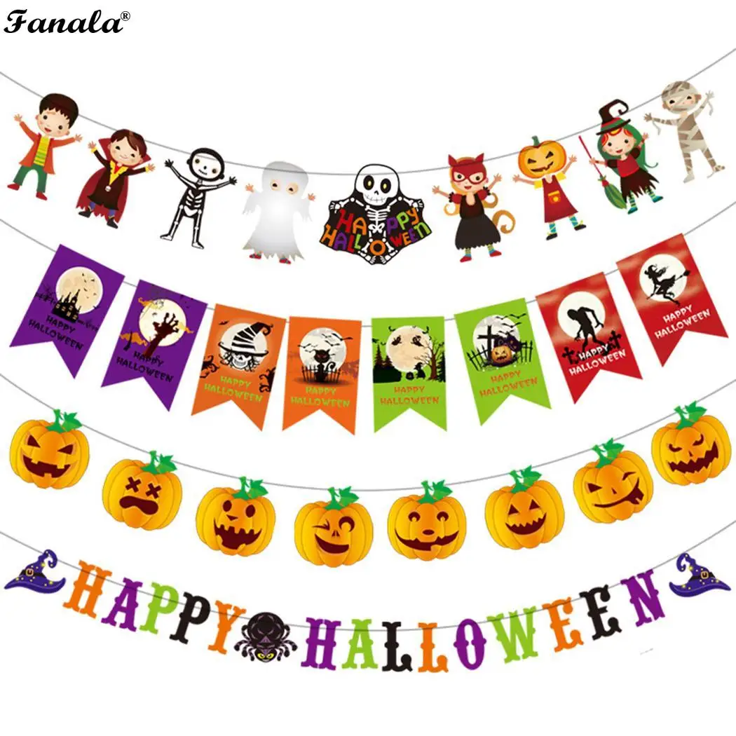 Halloween Decoration Party Banner Cartoon Bat Pumpkin Characters Flag As Picture Home Garden Bunting | Дом и сад