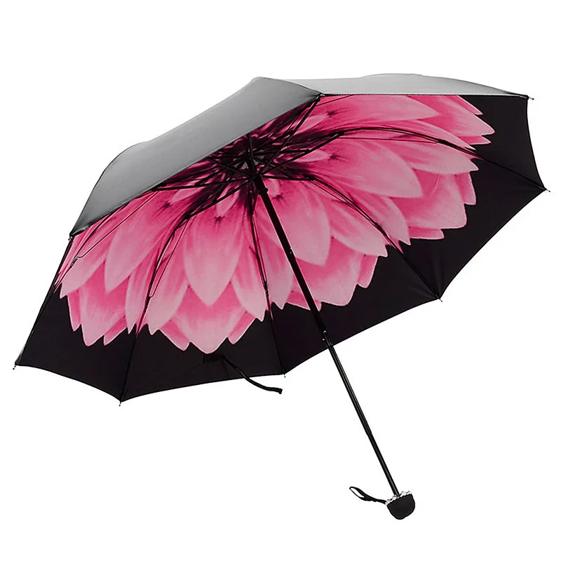Зонт для дождливой Женщины Три-складной 3D Цветочный Принт дождливый и Солнечный
