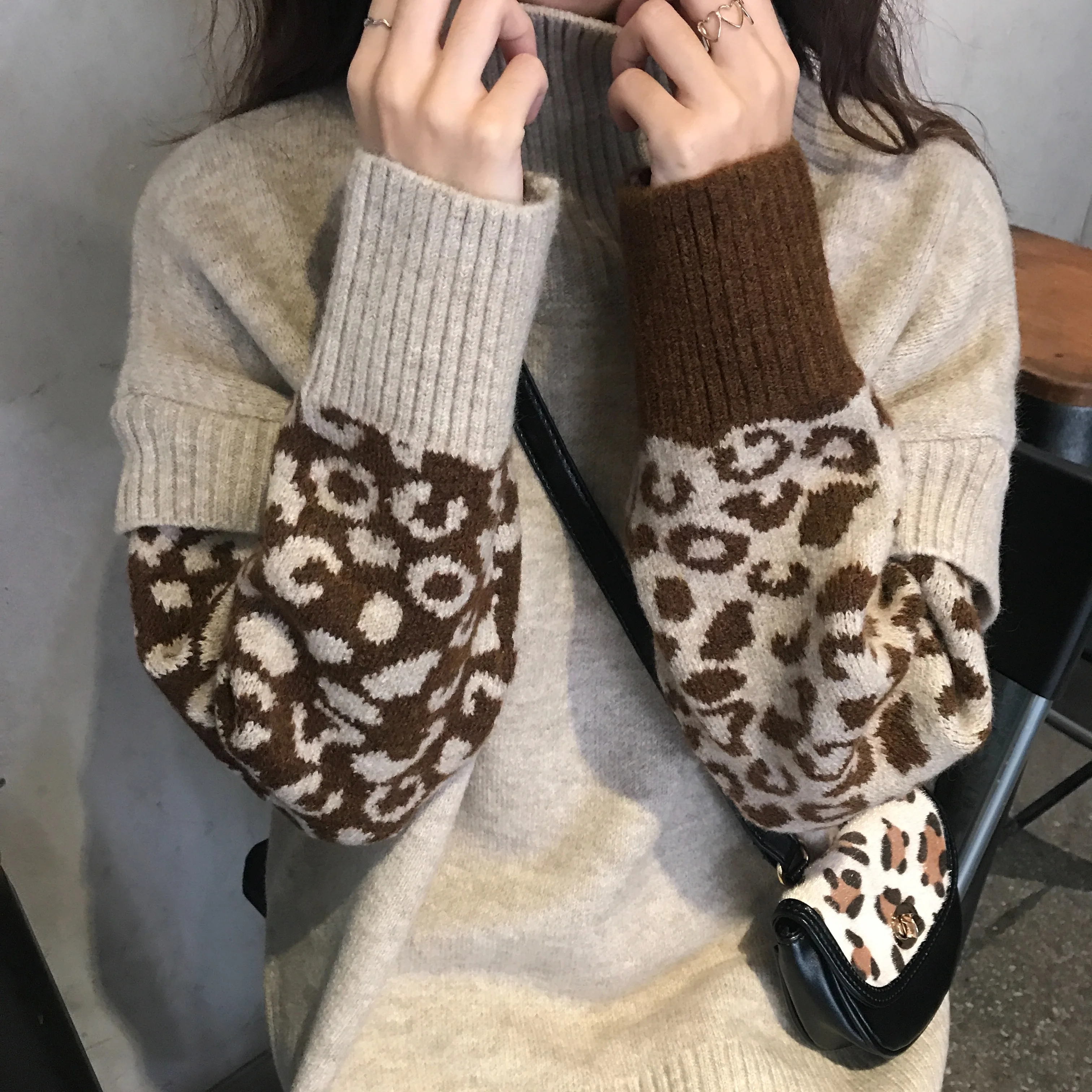 Lychee Girls Leopard Patchwork Women Sweater Turtleneck Long Seeve Female Thick Autumn Winter Office Lady Style Pullover |