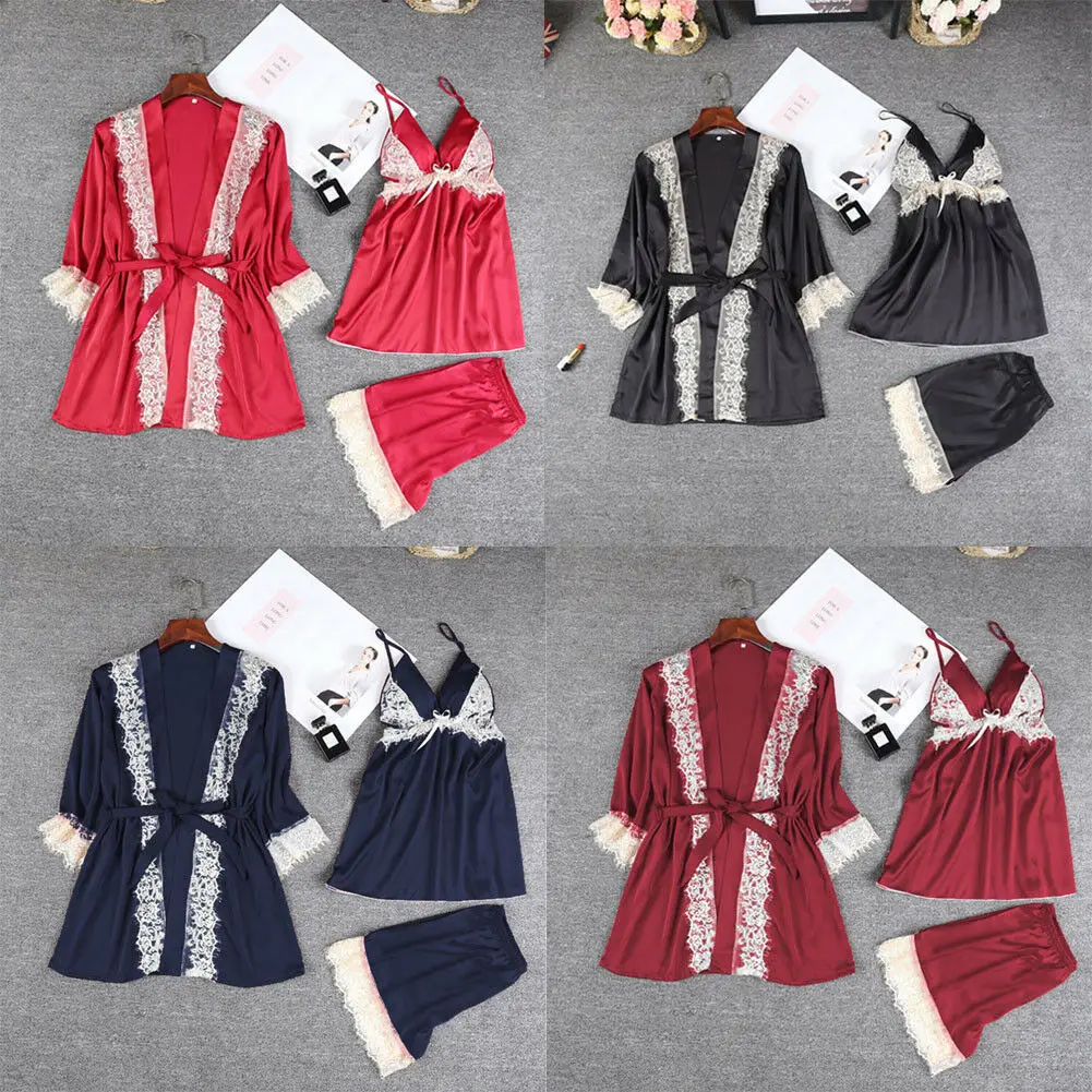3Pcs Summer Women Sexy Silk Satin Bathrobe Lace Patchwork Robe +Padded Bra Lingerie + Shorts Pajamas Robe Sleepwear Nightwear
3Pcs Summer Women Sexy Silk Satin Bathrobe Lace Patchwork Robe +Padded Bra Lingerie + Shorts Pajamas Robe Sleepwear Nightwear