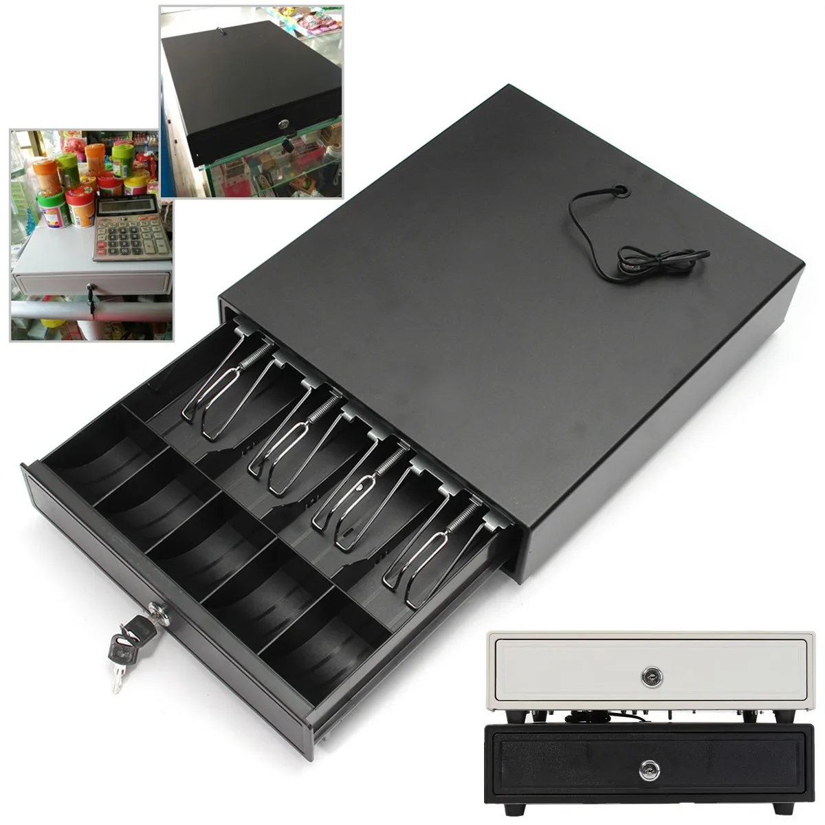 Heavy Cash Drawer Box With 4 Bill 5 Coin Trays POS Register RJ-11 Key Lock White/Black Removable 4 Bills 5 Coins Cash Tray
Heavy Cash Drawer Box With 4 Bill 5 Coin Trays POS Register RJ-11 Key Lock White/Black Removable 4 Bills 5 Coins Cash Tray