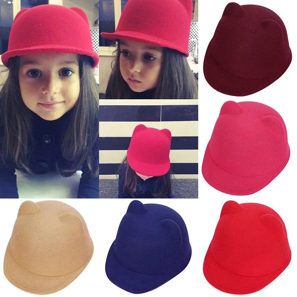 2019 Newest Style Winter Warm Kids Baby Girls Cat Ears Wool Derby Bowler Cap Solid 3D Vintage Costume Play Brim Hats | Детская одежда и