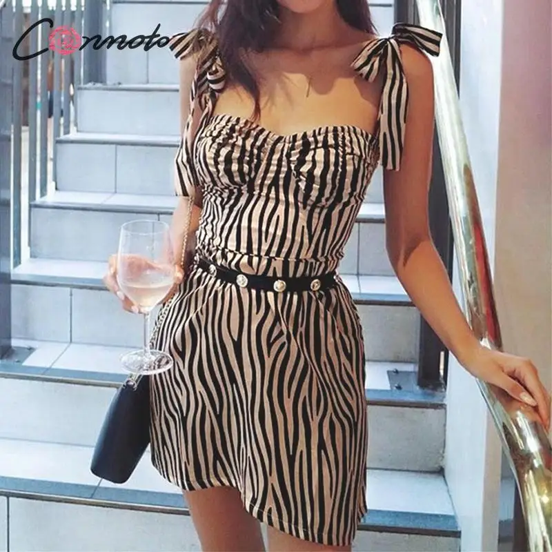 

Conmoto Zebra Print 2019 Summer Dress Women Sexy Mini Dresses Lace Up Shoulder Vintage Square Collar Dress Vestido