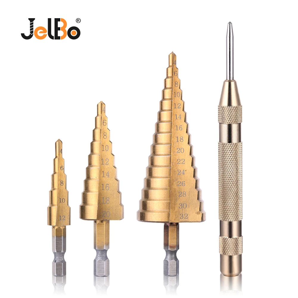 Jelbo 3PCS 4-12/4-20/4-32mm HSS Titanium Step Drill Bit Set With Semi-automatic Center Punch Drilling Tool For Woodworing
Jelbo 3PCS 4-12/4-20/4-32mm HSS Titanium Step Drill Bit Set With Semi-automatic Center Punch Drilling Tool For Woodworing