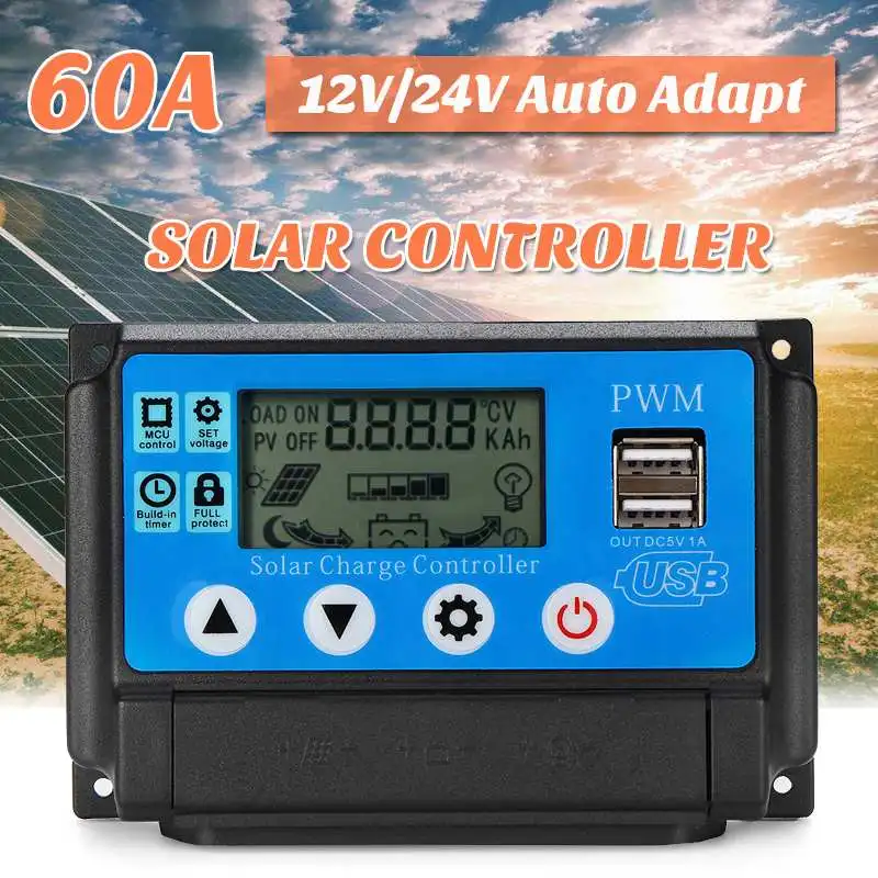 12/24V 60A Durable Solar Charge Controller Auto Work PWN with LCD display Dual USB 5V Output Solar Regulator
12/24V 60A Durable Solar Charge Controller Auto Work PWN with LCD display Dual USB 5V Output Solar Regulator