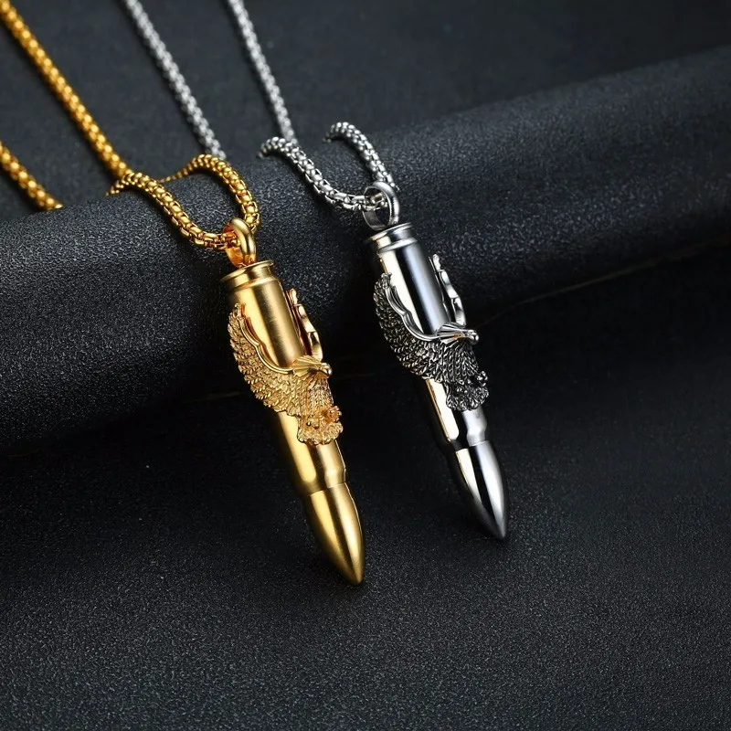Mens Punk Bullet with Eagle Pendant Necklace Tough Man Hawk Gold and Silver Tone Stainless Steel Top Quality Rock Male Collier
Mens Punk Bullet with Eagle Pendant Necklace Tough Man Hawk Gold and Silver Tone Stainless Steel Top Quality Rock Male Collier