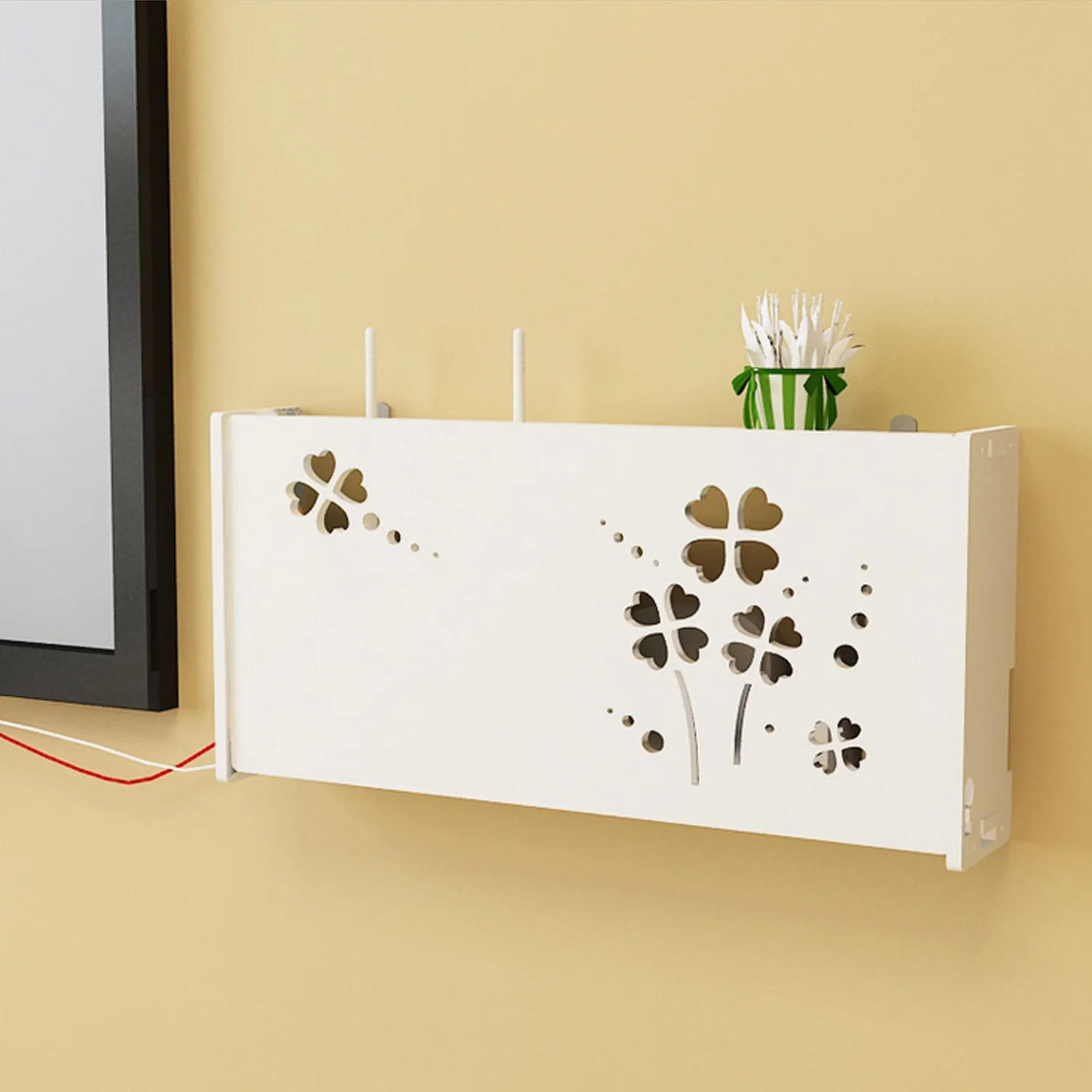Behogar Cartoon Hollow Pattern Free Punch Wireless Router Set Top Box Shelf Storage Box Wall Mount for Home Apartment Office
Behogar Cartoon Hollow Pattern Free Punch Wireless Router Set Top Box Shelf Storage Box Wall Mount for Home Apartment Office