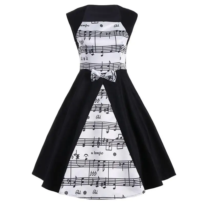 Summer Dress Women Retro Style Stave Notes Print Contrast Color Stitching Slim High Waist Plus Size Elegant Bowknot Retro Dress
Summer Dress Women Retro Style Stave Notes Print Contrast Color Stitching Slim High Waist Plus Size Elegant Bowknot Retro Dress