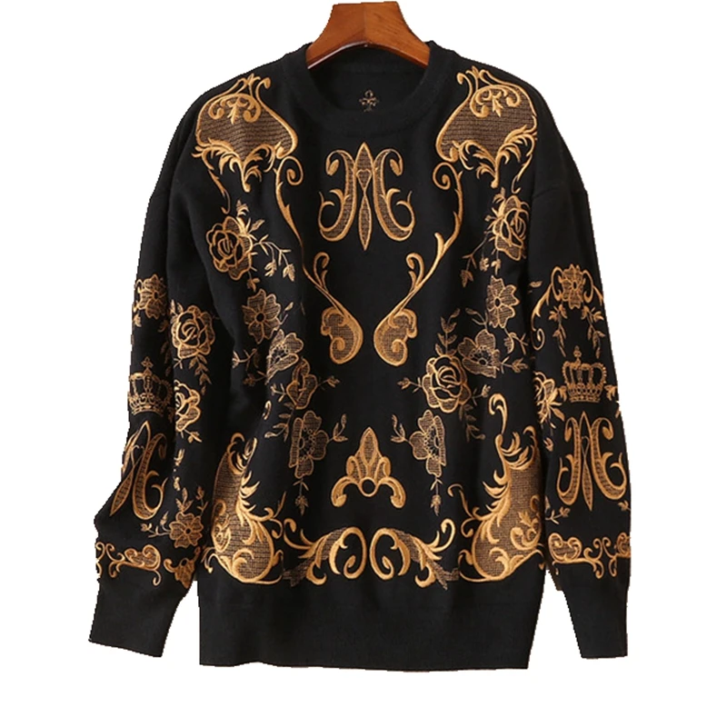 Gold Color Cashmere Sweaters for Women Wool Pullover Winter Tops Black Embroidery Flroal Runway Sweater Vintage Designer Jumpers 
Gold Color Cashmere Sweaters for Women Wool Pullover Winter Tops Black Embroidery Flroal Runway Sweater Vintage Designer Jumpers