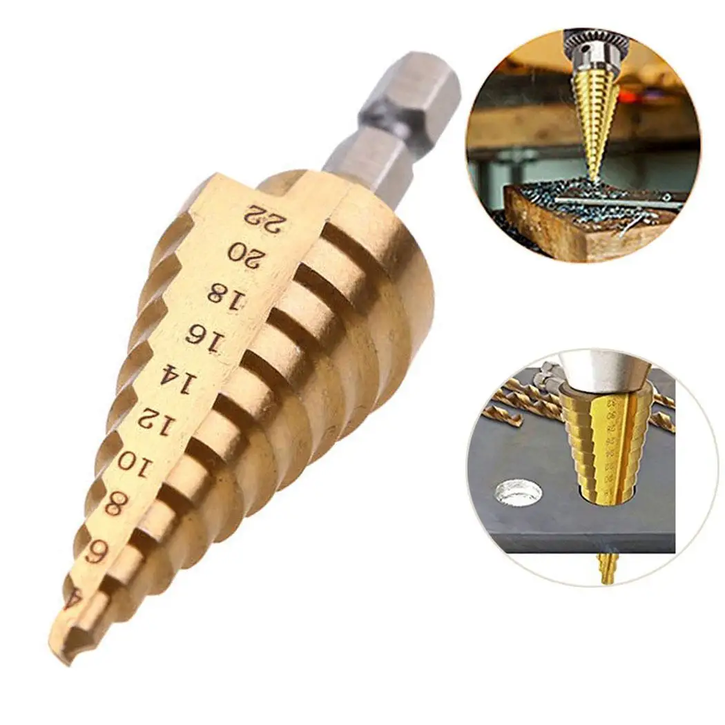 Tool Drill Step Titanium Speed Coated Steel Cone Hole Cutter 4-22mm High Bit Hex Hex Titanium Step Drill 3 inch punte trapano
Tool Drill Step Titanium Speed Coated Steel Cone Hole Cutter 4-22mm High Bit Hex Hex Titanium Step Drill 3 inch punte trapano