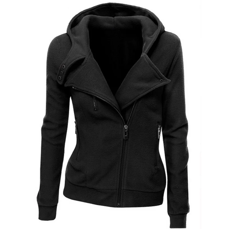 

2019 Autumn Winter Flocking Bomber Jacket Women Solid Basic Hooded Cotton Coats Asymmetric Zippers Black Jacket Coats