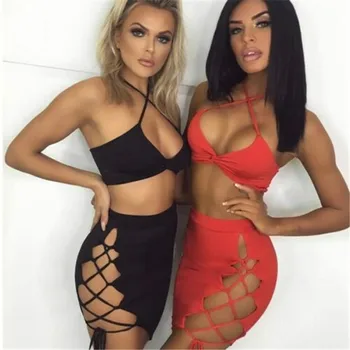 Women sexy 2 PCS dress set Bodycon sleeveless Halter neck Crop Top and Hollow Bandage mini Skirt Set summer beach Dress vestido 
Women sexy 2 PCS dress set Bodycon sleeveless Halter neck Crop Top and Hollow Bandage mini Skirt Set summer beach Dress vestido