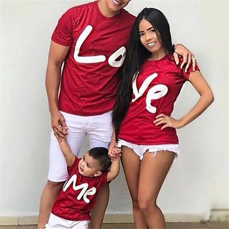 2019 Summer Red Parent-child Love T-shirt Mom Dad Baby Boy Girl Short Sleeve Tops Family Matching Outfits Look | Мать и ребенок