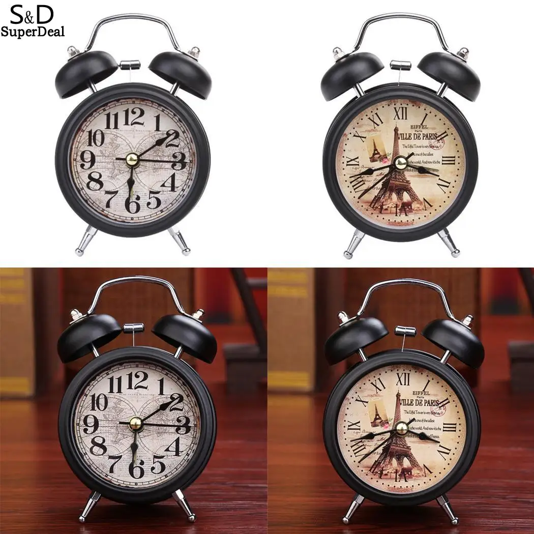 Double Retro Style Desk Clock Bell Round Wake Table Metal Analog