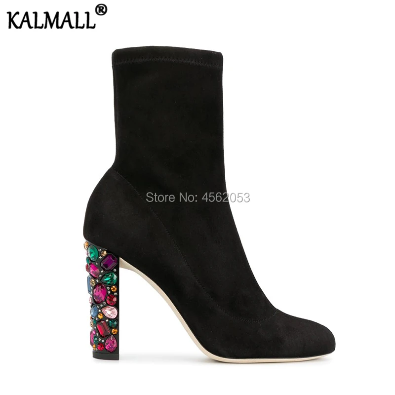 

KALMALL Black Stretch Suede Pull-on Ankle Boot Sparking Gem-stone Ladies Shoes Multicoloured Crystal Embellished High Heel Boots