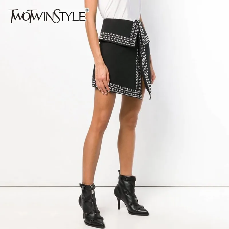 TWOTWINSTYLE Heavy Rivets Patchwork Skirt Female High Waist Sexy Asymmetrical Skirts For Women 2019 Spring Casual Fashion Tide
TWOTWINSTYLE Heavy Rivets Patchwork Skirt Female High Waist Sexy Asymmetrical Skirts For Women 2019 Spring Casual Fashion Tide