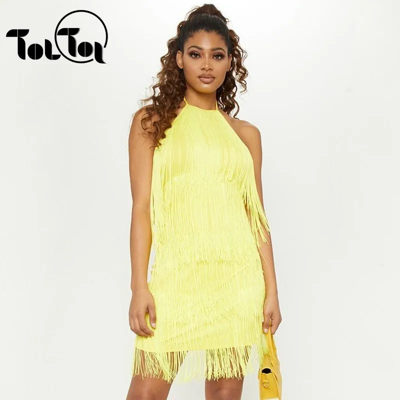 New Women Summer Tassel Dress Elegant Club Party Dress Sexy Halter Yellow Black Backless Mini Fringe Dress
New Women Summer Tassel Dress Elegant Club Party Dress Sexy Halter Yellow Black Backless Mini Fringe Dress
