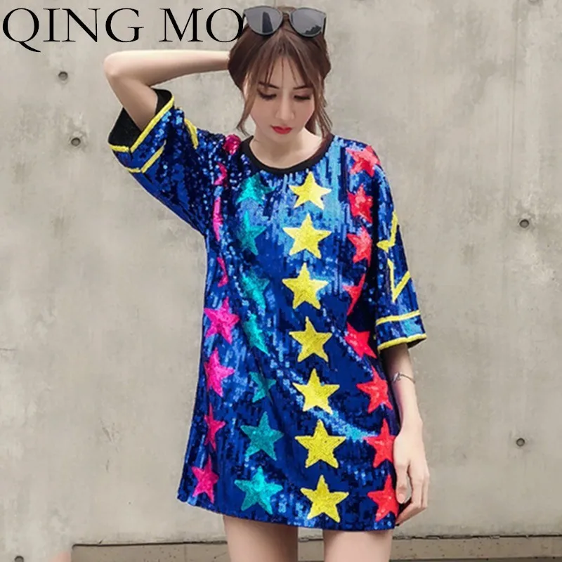 QING MO Full Sequins T Shirt Dress Women Short Sleeve Mini Dress Summer Long Tee Shirt Women Oversize Loose Casual Tops QF764
QING MO Full Sequins T Shirt Dress Women Short Sleeve Mini Dress Summer Long Tee Shirt Women Oversize Loose Casual Tops QF764