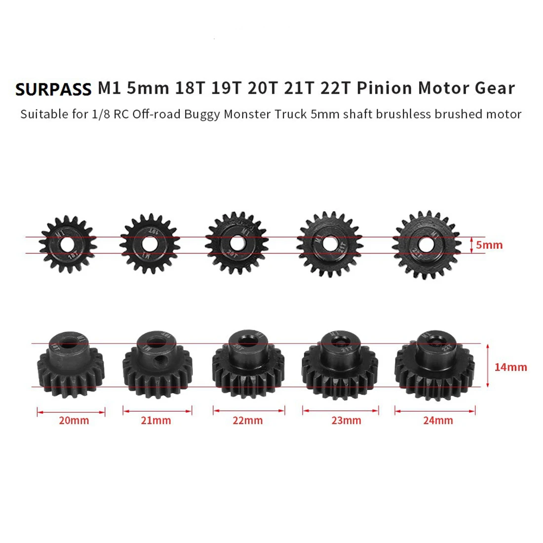 New M1 5mm 18T 19T 20T 21T 22T Shaft Motor Gear Module Pinion Combo Hardening for Brushed Brushless Motor 1/8 RC Car
New M1 5mm 18T 19T 20T 21T 22T Shaft Motor Gear Module Pinion Combo Hardening for Brushed Brushless Motor 1/8 RC Car