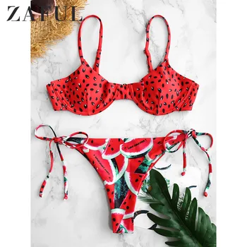 

ZAFUL Watermelon Knotted Bikini Swimwear Women Swimsuit Sexy Low Waist Plunge Thong Bikini Bathing Suit Padded Swimwear Biquni