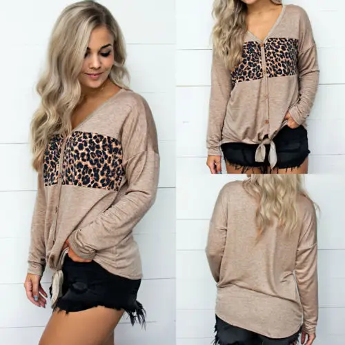 Fall Spring Fashion Women Long Sleeve Leopard Print Buttons V Neck Slim Shirt Ladies Casual Knot Pullover Tops Blouse
Fall Spring Fashion Women Long Sleeve Leopard Print Buttons V Neck Slim Shirt Ladies Casual Knot Pullover Tops Blouse