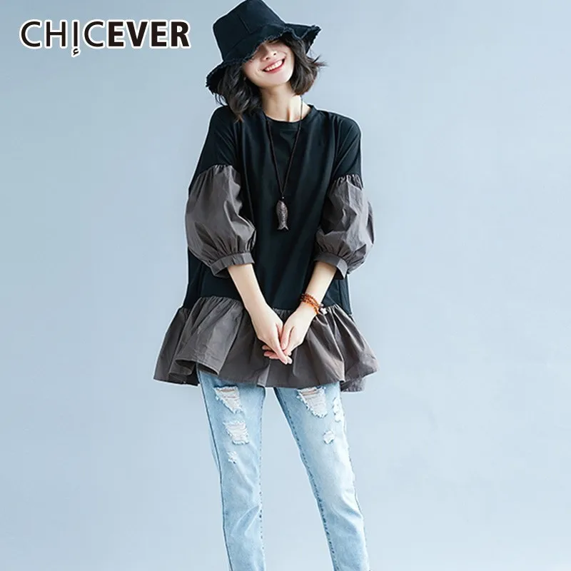 CHICEVER Autumn T-shirts For Women O Neck Lantern Sleeve Loose Oversize Patchwork Tops Female T-shirts Fashion Casual Clothes
CHICEVER Autumn T-shirts For Women O Neck Lantern Sleeve Loose Oversize Patchwork Tops Female T-shirts Fashion Casual Clothes