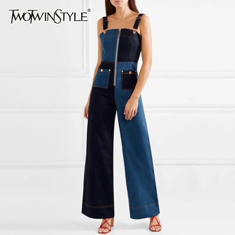 TWOTWINSTYLE Hit Colors Jumpsuits For Women Suspender High Waist Slim Strapless Denim Wide Leg Pants Female 2019 Spring New
TWOTWINSTYLE Hit Colors Jumpsuits For Women Suspender High Waist Slim Strapless Denim Wide Leg Pants Female 2019 Spring New