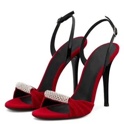 Elegant Women Red Flock Leather Back Buckle Strap Sandals Bling Crystal Embellished High Thin Heel Dress Banquet Shoes
Elegant Women Red Flock Leather Back Buckle Strap Sandals Bling Crystal Embellished High Thin Heel Dress Banquet Shoes
